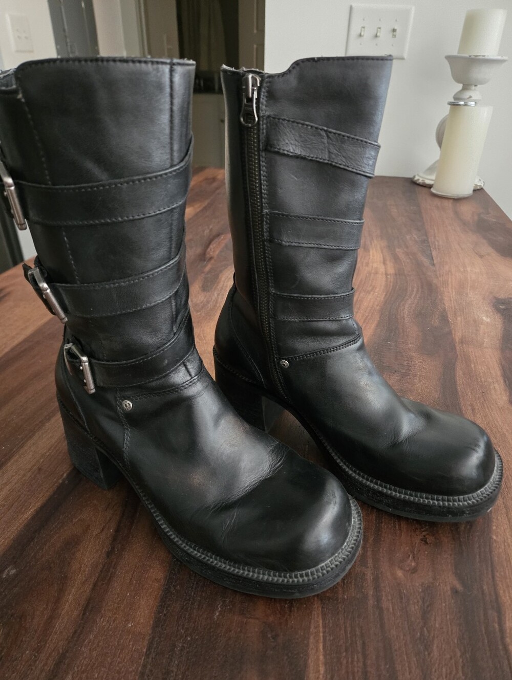 Harley Davidson Black Leather Mid-Calf Buckle Boots - Women - Picture 2 of 3